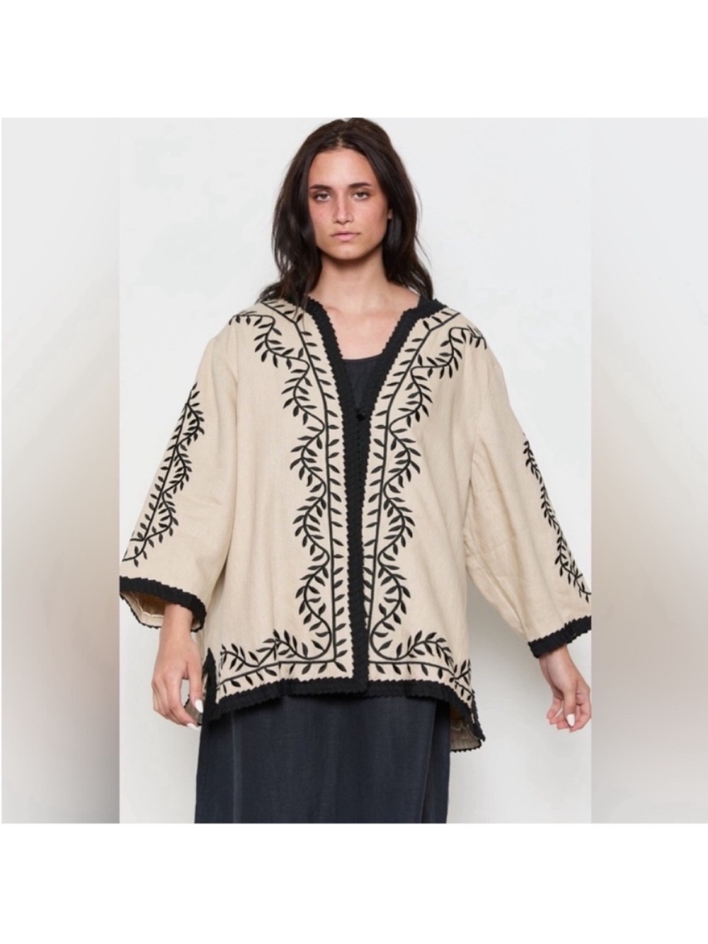 Linea by Louis Dell'Olio Boho Beige and Black Embroidered Linen Jacket. XL. NWT.